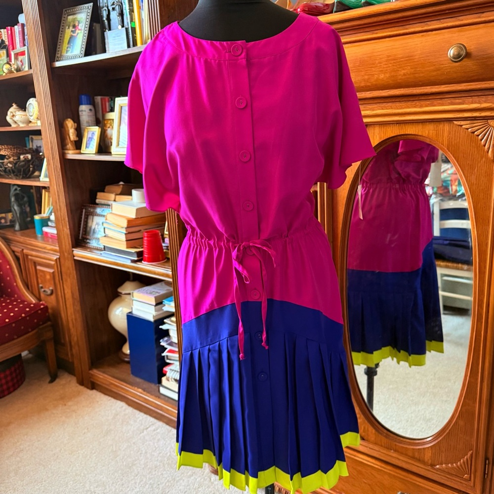 Bright Magenta and Navy Colorblock Dress with Neon Trim
